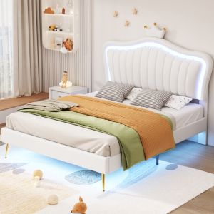 Cama estofada 140x200cm com LED e coroa em pu branco