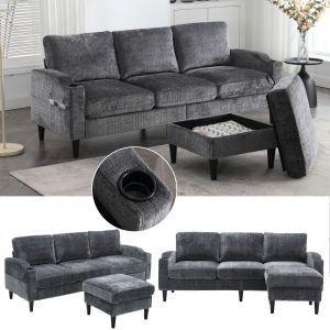 Sofá modular com otomana e arrumação em chenille cinzento 4 lugares