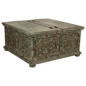 Mesa de centro em madeira artesanal azul 100x100x47
