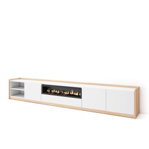 Móvel de tv, 310x37x50cm, branco e carvalho soft, lareira eléctrica rf4335