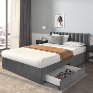 Cama 160x200cm com 2 gavetas e estrado de ripas, cinzenta, sem colchão