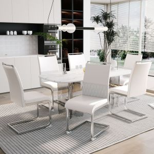 Cadeira de jantar em metal branco com encosto alto e assento acolchoado
