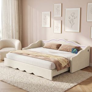 Cama extensível 90x200cm com LED e carregamento veludo – bege