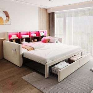 Cama extensível 90x190cm até 180cm, com LED usb, 2 gavetas, bege