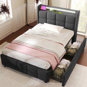 Cama 90x200cm com LED, usb, tomadas, 2 gavetas, estrado, cinza