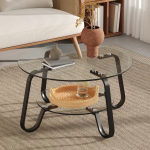 Mesa de centro redonda industrial metal preto com 2 níveis