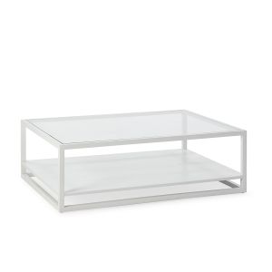 Mesa de centro 120x90x40 com tampo de vidro e estrutura de madeira branca.