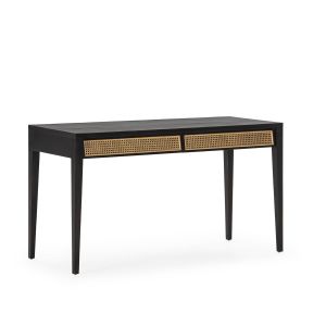 Mesa 140x55x80 em madeira preta com detalhes em rattan natural.