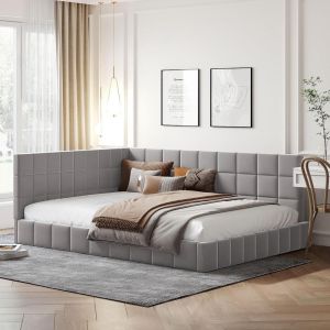 Cama divã convertível 140x200cm com estrado de ripas, veludo cinzento