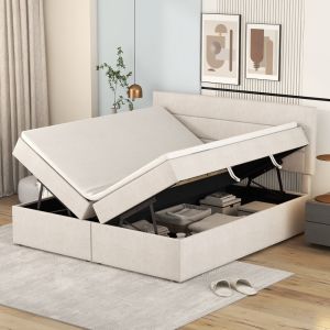 Cama estofada 140x200cm com arrumação abertura bilateral mdf – cor bege