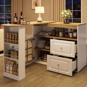 Armário bar rotativo extensível em mdf branco com gavetas e prateleiras