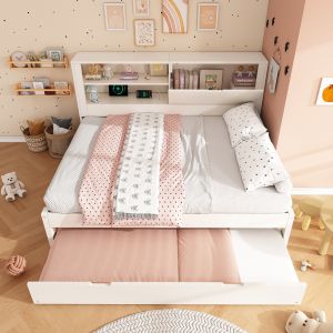 Sofá-cama em madeira branco 140x190 cm com cama auxiliar 90x190 e arrumação