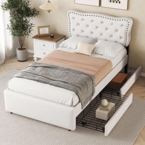 Cama 90x200 cm com cabeceira ajustável, 2 gavetas, bege claro