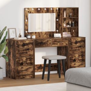 Conjunto de mesa de maquiagem com 3 peças e LED em carvalho fumado wf801990