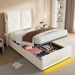 Cama estofada 90x200cm com LED, usb e arrumação em veludo – bege