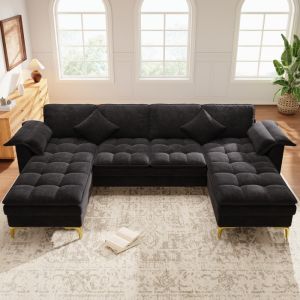 Sofá em u modular chenille preto 4-5 lugares com 2 chaise longues