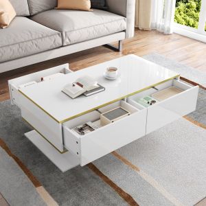 Mesa de centro com LED 3 gavetas branco e dourado 40x100x50cm