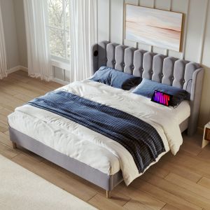 Cama estofada 180x200cm com usb e tipo c linho – cinzento