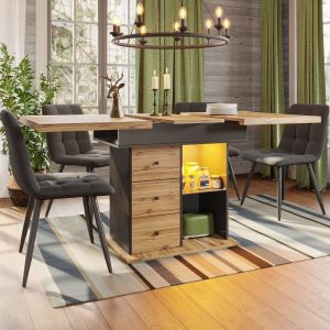 Mesa de jantar extensível com arrumação mdf preto e natural 75x110-140x80cm
