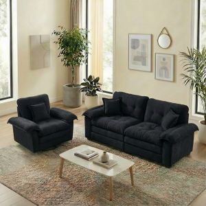 Conjunto de sofás em chenille preto 1 e 2 lugares com almofadas