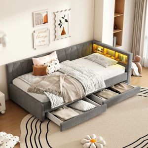 Sofá cama 90x200cm com arrumação LED usb e tipo c linho – cinzento