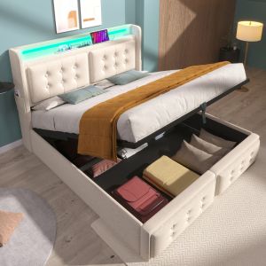 Cama estofada 140x200cm com arrumação LED e tomadas aLGodão linho – bege