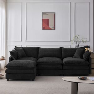 Sofá de canto em chenille preto 3 lugares com chaise e pufe