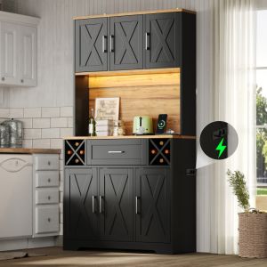 Armário de cozinha alto com LED e tomada natural preto 180x105x40cm