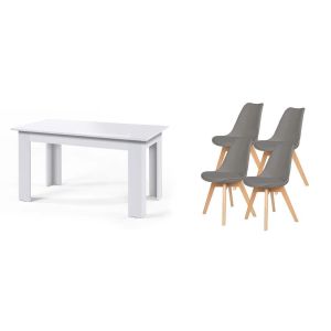 Conjunto mesa de jantar ou cozinha branco + 4 cadeiras nórdicas cinza