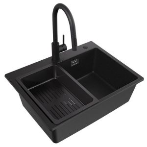 Cuba de cozinha em granito 60x45cm com escorredor de panela e misturador de