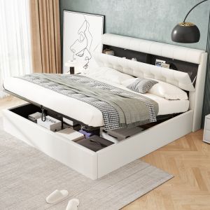 Cama estofada 160x200cm sem colchão arrumação hidráulica pele sintética