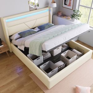 Cama estofada 140x200cm com arrumação e LED pu – branco