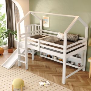Cama infantil 90x200cm com escorrega e arrumação madeira e mdf branco