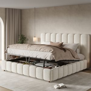 Cama de casal 180x200cm com arrumação hidráulica bouclé – branco