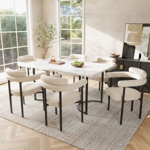 Conjunto mesa e cadeiras de jantar 7 peças em metal e veludo bege e branco