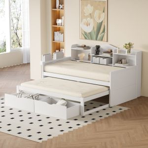 Sofá cama extensível 90x200 cm em madeira branco com arrumação e tomada usb