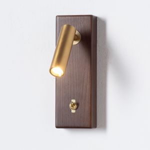 Aplique de parede LED 3W 2800K dourado base retangular madeira