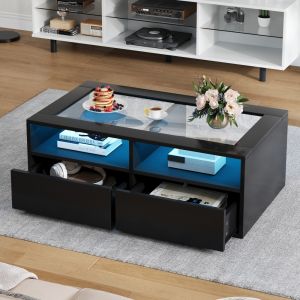 Mesa de centro preta com iluminação LED 2 gavetas 35x100x50cm