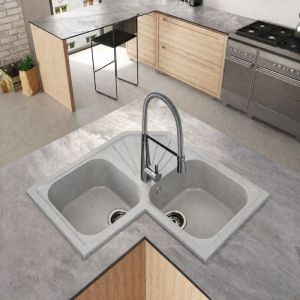 Lava-loiça angular ícaro 2 cubas 76,5x76,5 resina cinza seda móvel 80 cm