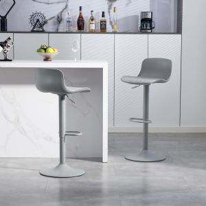 Banco alto giratório 360° em metal e tecido cinzento com encosto ergonómico