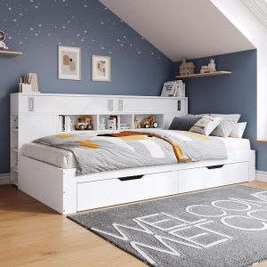 Cama 140x200cm com 2 gavetas e armário deslizante branco