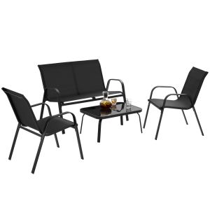 Conjunto de jardín, 4 pessoas, 2 cadeiras com banco e mesa, preto