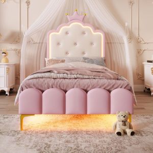 Cama infantil 90x200 cm rosa com coroa, LED, comando e estrado ripas
