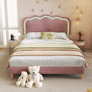 Cama estofada 140x200cm com LED e cabeceira ajustável veludo – rosa