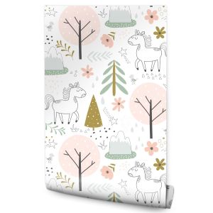Papel de parede girls licorns árvores estrelas decoração moderna