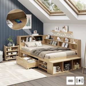 Cama infantil 90x200cm com arrumação madeira natural