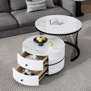 Conjunto de 2 mesas de centro redondas com gavetas branco 46x60x60cm