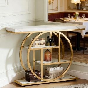 Mesa consola industrial 4 níveis dourado branco 80x105x30cm