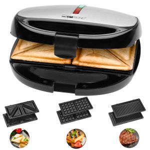 Máquina de fazer sanduíches, waffles e grelha clatronic st 3670 prata negra