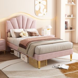 Cama estofada 90x200cm em veludo com cabeceira ajustável – rosa